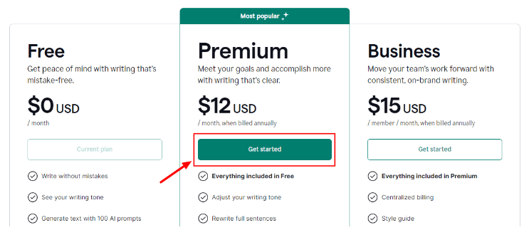 Select the Premium plan & click “Get Started”